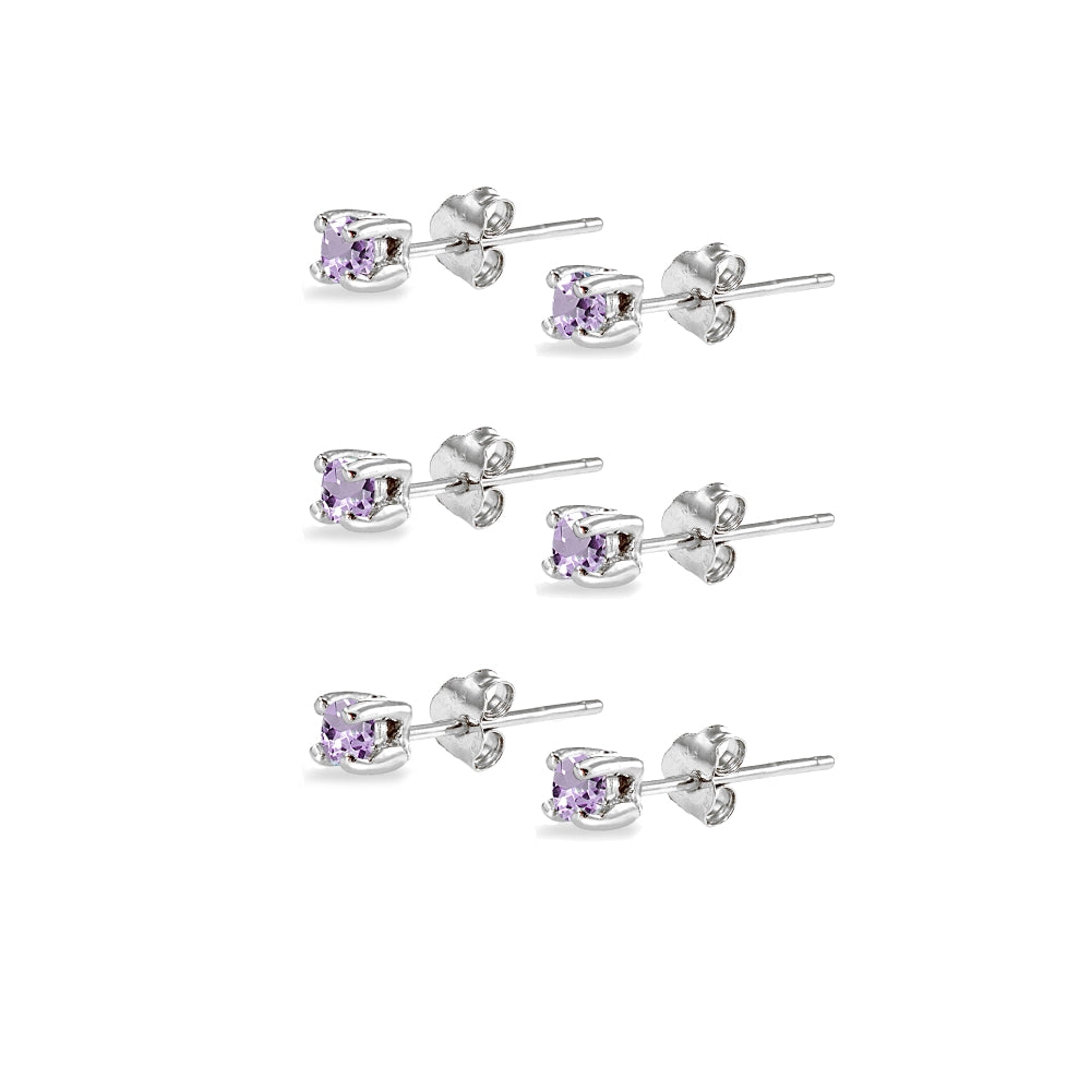 3-Pair Set Sterling Silver Amethyst 2mm Round Stud Earrings-2