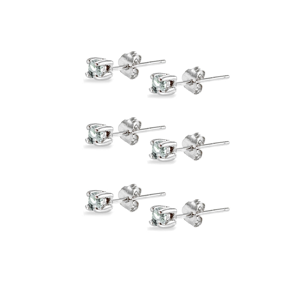 3-Pair Set Sterling Silver Light Aquamarine 2mm Round Stud Earrings-2