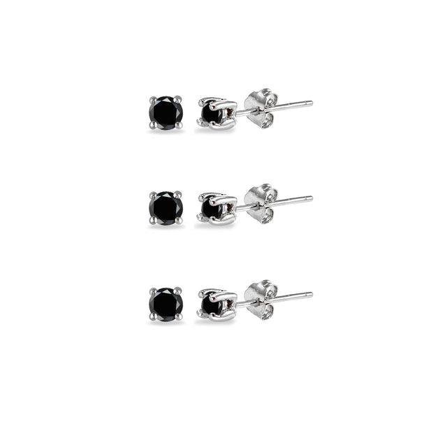 Sterling Silver Black Cubic Zirconia set of 3 Round 2mm Stud Earrings