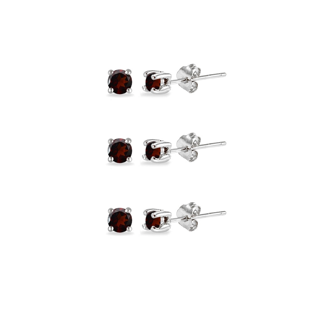 3-Pair Set Sterling Silver Garnet 2mm Round Stud Earrings