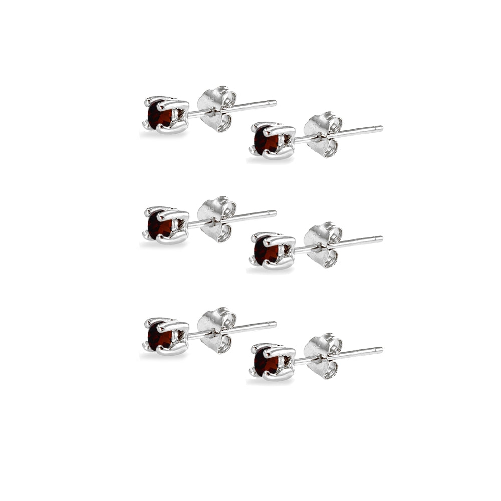3-Pair Set Sterling Silver Garnet 2mm Round Stud Earrings-2