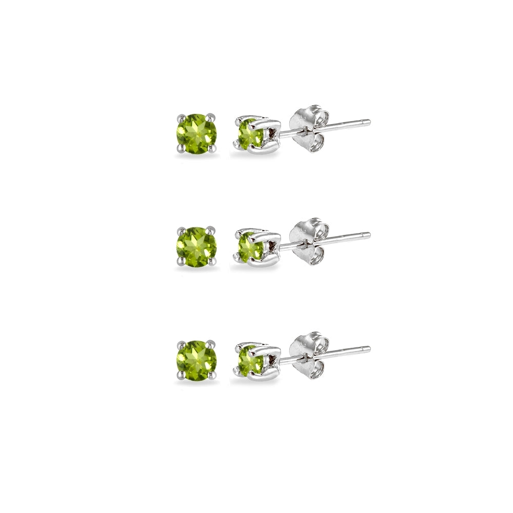 3-Pair Set Sterling Silver Peridot 2mm Round Stud Earrings