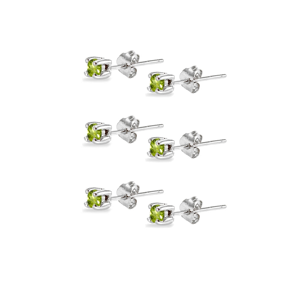 3-Pair Set Sterling Silver Peridot 2mm Round Stud Earrings-2