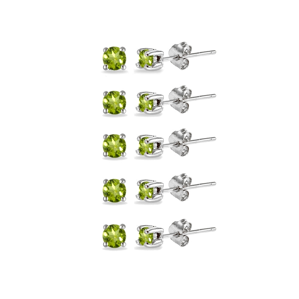 5-Pair Set Sterling Silver Peridot 2mm Round Stud Earrings