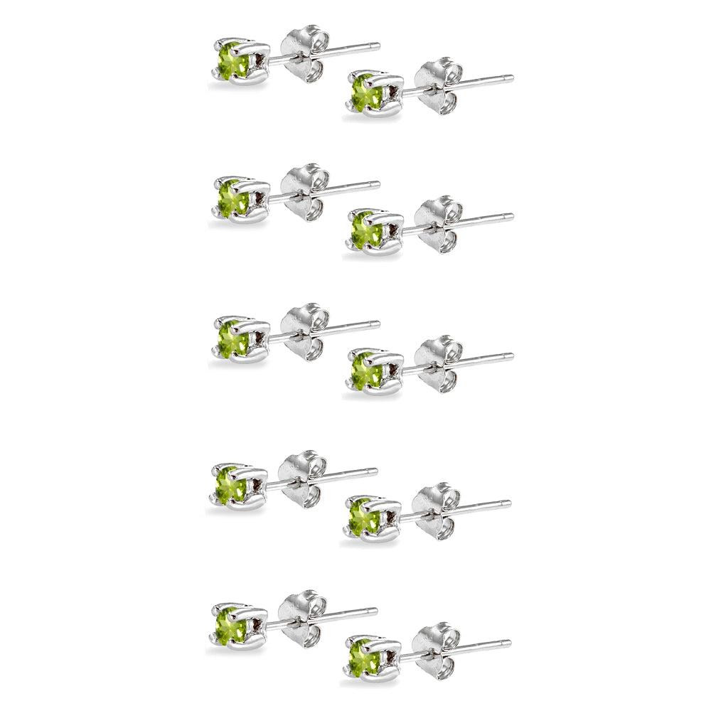 5-Pair Set Sterling Silver Peridot 2mm Round Stud Earrings-2