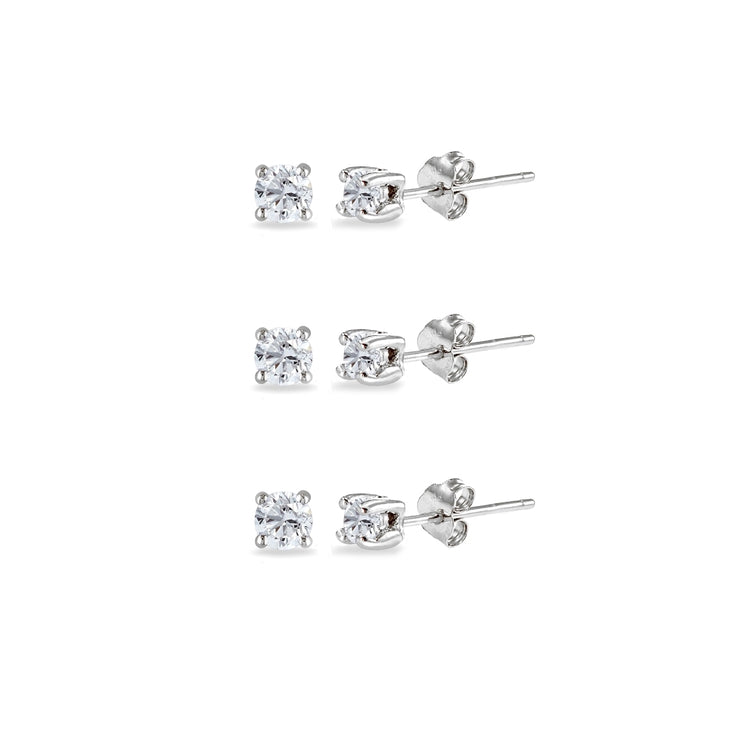 3-Pair Set Sterling Silver White Topaz 2mm Round Stud Earrings