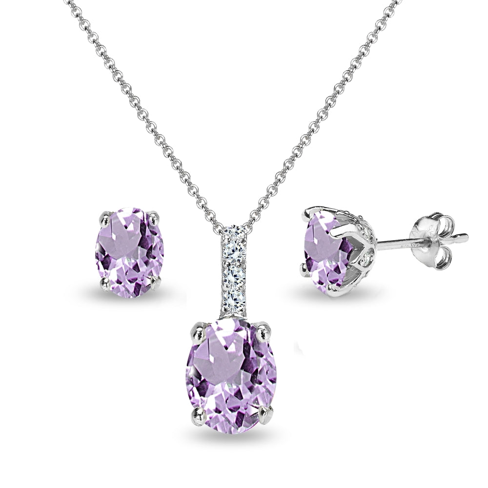 Sterling Silver Amethyst and White Topaz Oval Crown Necklace & Stud Earrings Set