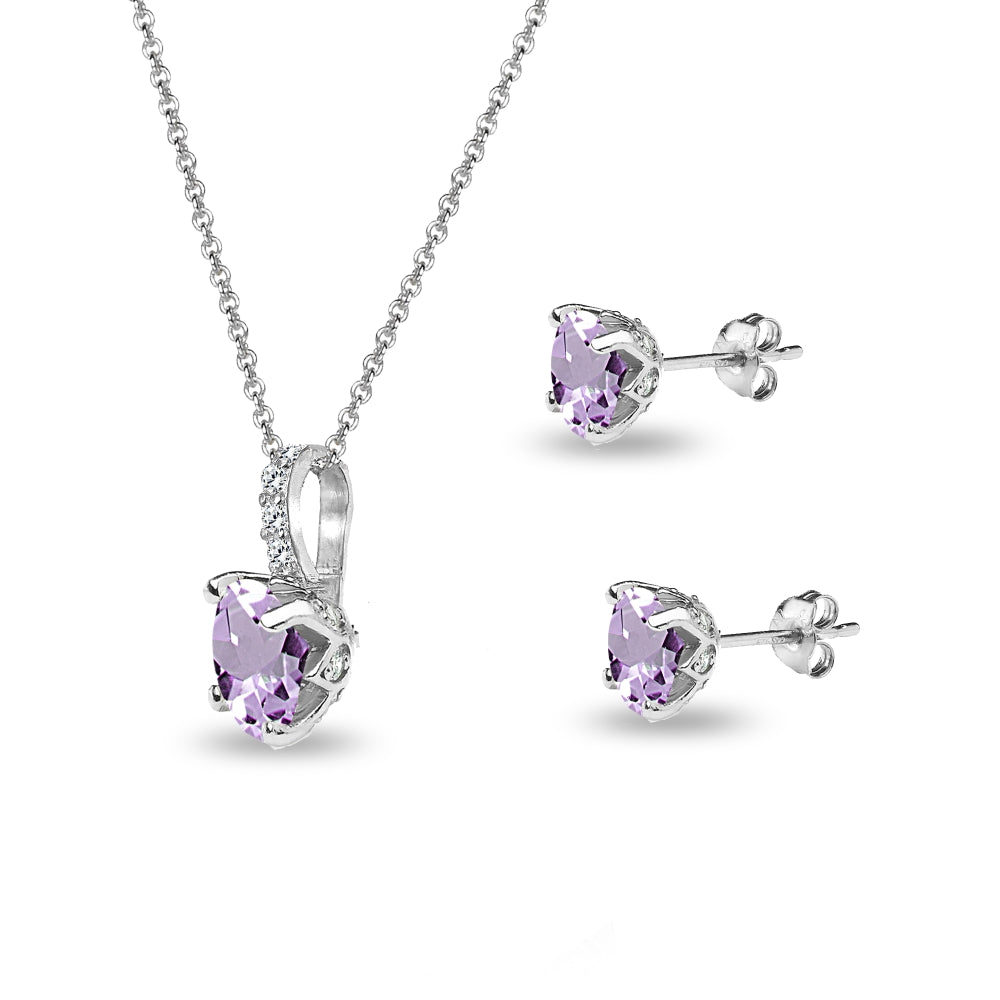 Sterling Silver Amethyst and White Topaz Oval Crown Necklace & Stud Earrings Set-2