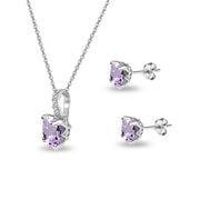 Sterling Silver Amethyst and White Topaz Oval Crown Necklace & Stud Earrings Set