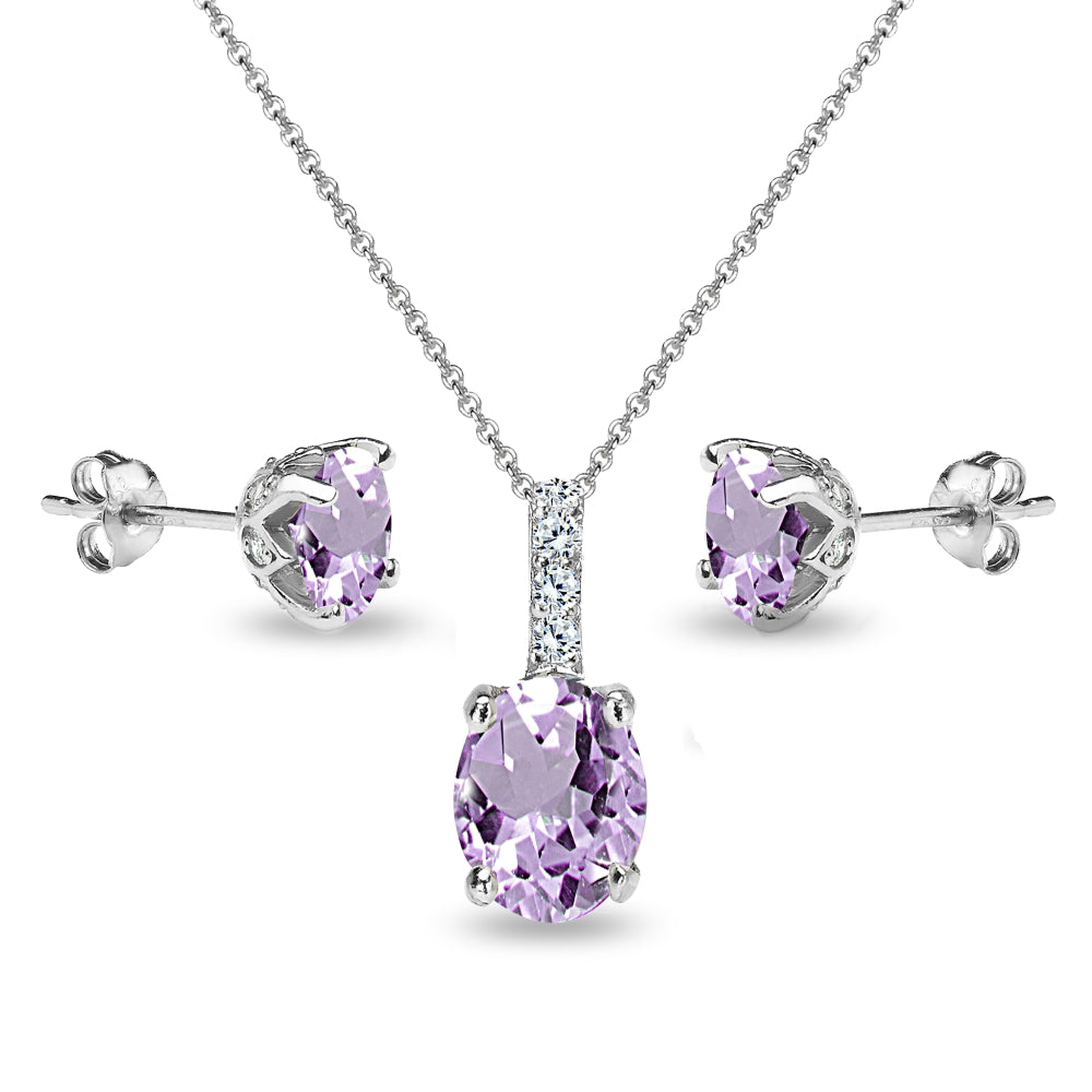 Sterling Silver Amethyst and White Topaz Oval Crown Necklace & Stud Earrings Set-3