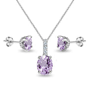 Sterling Silver Amethyst and White Topaz Oval Crown Necklace & Stud Earrings Set