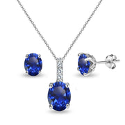 Sterling Silver Created Blue Sapphire and White Topaz Oval Crown Necklace & Stud Earrings Set