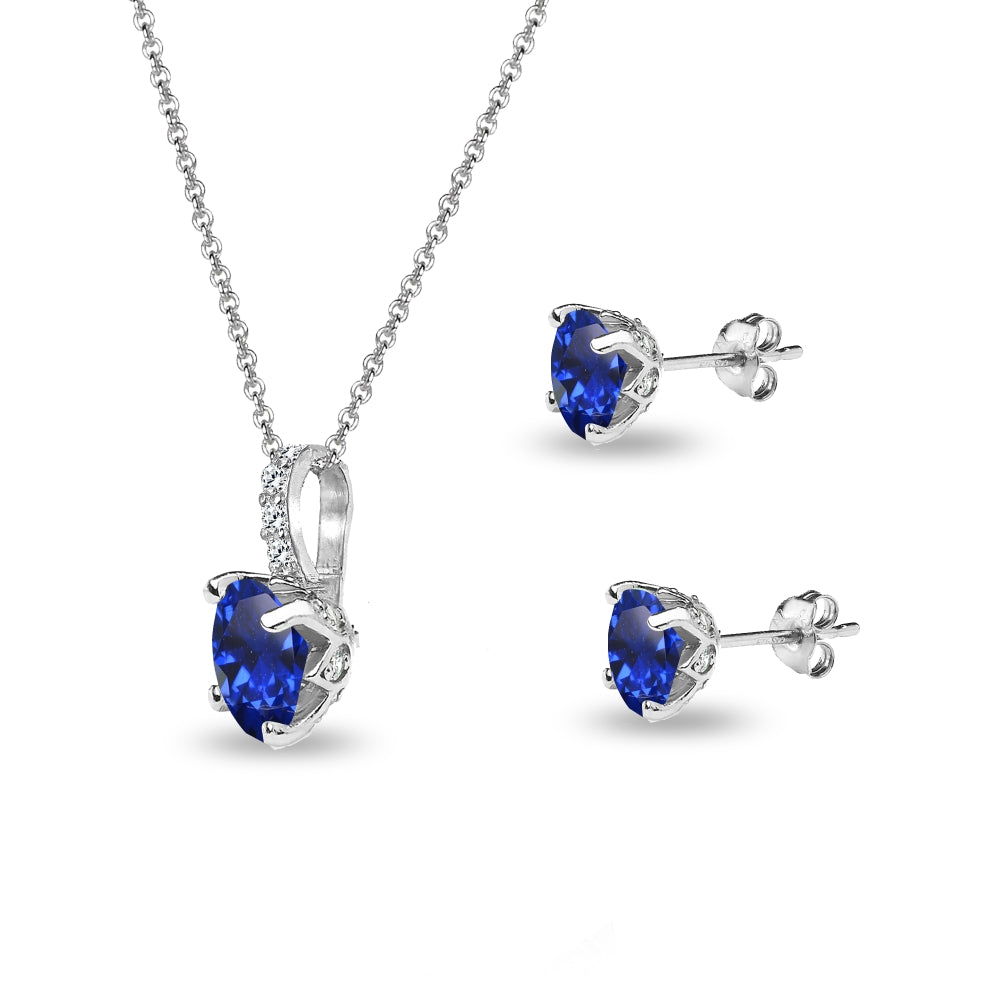 Sterling Silver Created Blue Sapphire and White Topaz Oval Crown Necklace & Stud Earrings Set-2