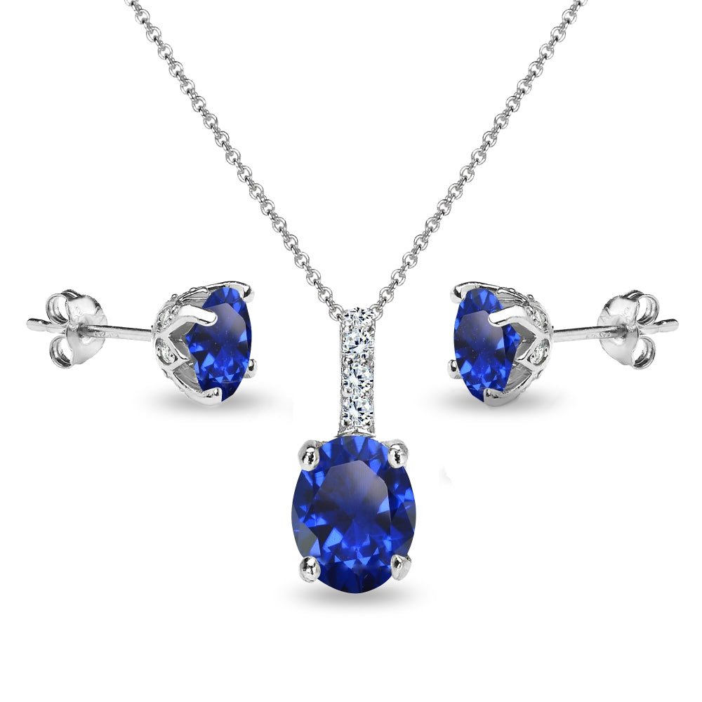 Sterling Silver Created Blue Sapphire and White Topaz Oval Crown Necklace & Stud Earrings Set-3