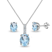 Sterling Silver Blue Topaz and White Topaz Oval Crown Necklace & Stud Earrings Set