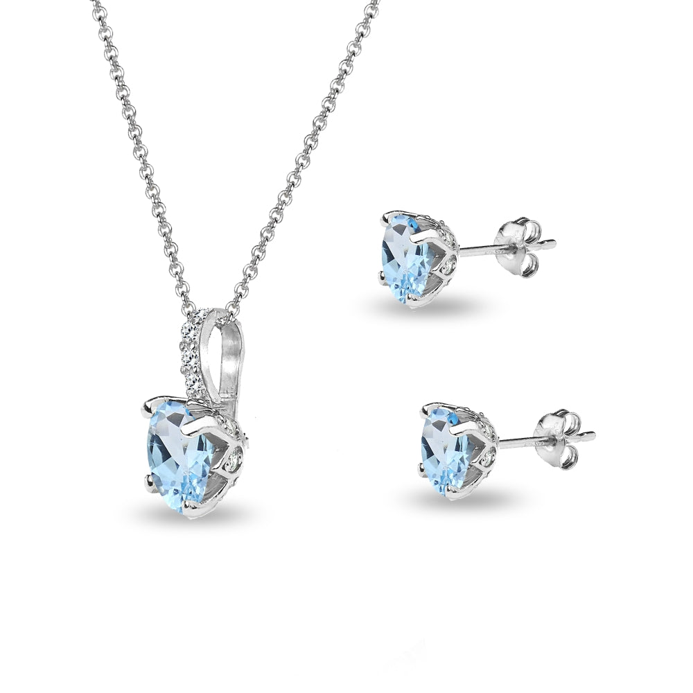Sterling Silver Blue Topaz and White Topaz Oval Crown Necklace & Stud Earrings Set-2