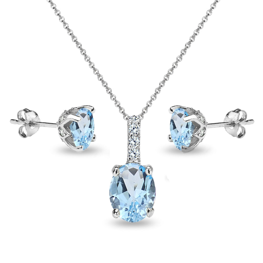 Sterling Silver Blue Topaz and White Topaz Oval Crown Necklace & Stud Earrings Set-3
