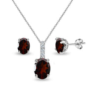 Sterling Silver Garnet and White Topaz Oval Crown Necklace & Stud Earrings Set