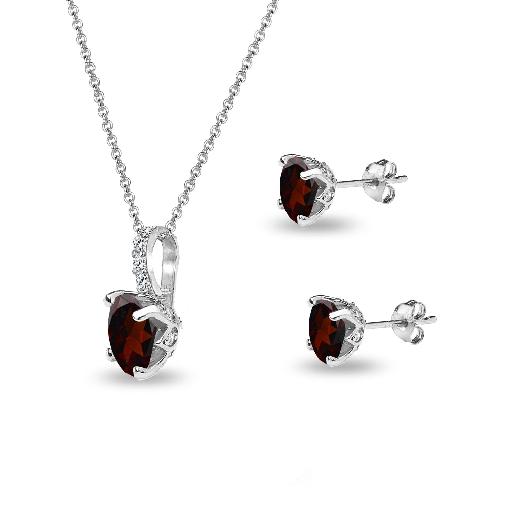 Sterling Silver Garnet and White Topaz Oval Crown Necklace & Stud Earrings Set-2