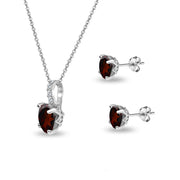 Sterling Silver Garnet and White Topaz Oval Crown Necklace & Stud Earrings Set