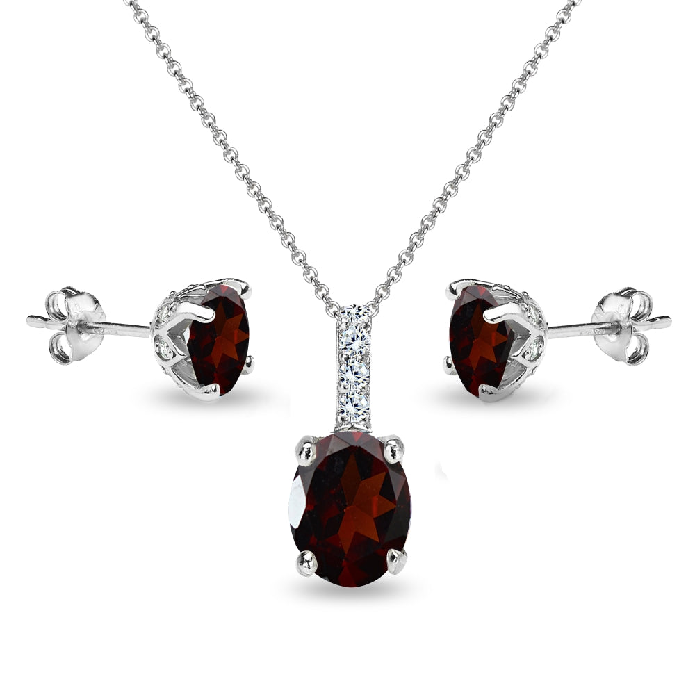 Sterling Silver Garnet and White Topaz Oval Crown Necklace & Stud Earrings Set-3
