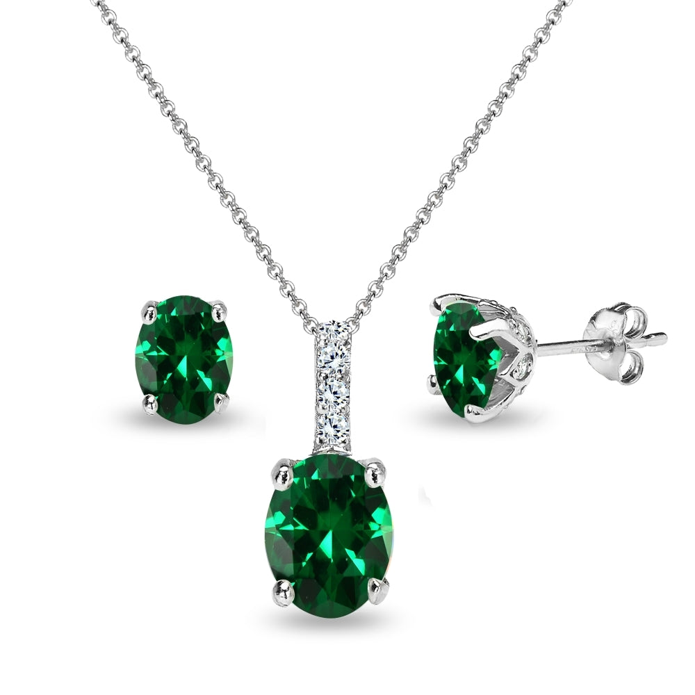 Sterling Silver Created Emerald and White Topaz Oval Crown Necklace & Stud Earrings Set