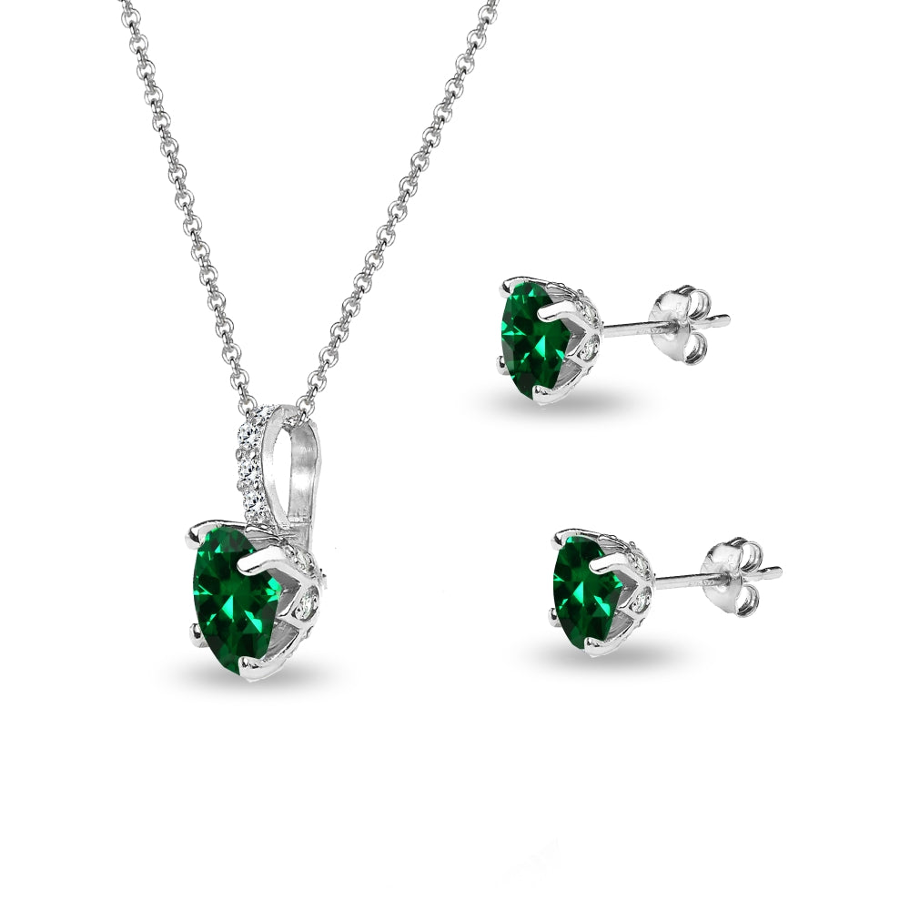 Sterling Silver Created Emerald and White Topaz Oval Crown Necklace & Stud Earrings Set-2