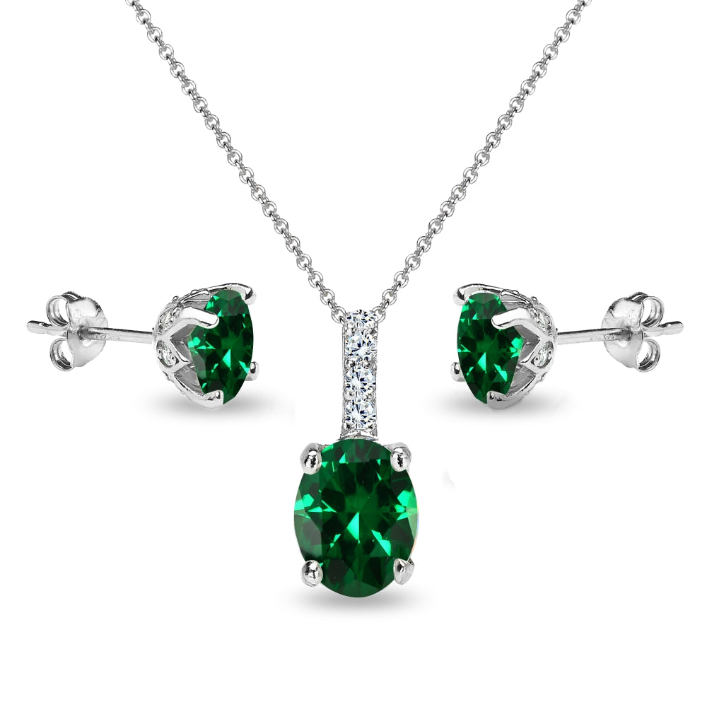 Sterling Silver Created Emerald and White Topaz Oval Crown Necklace & Stud Earrings Set-3