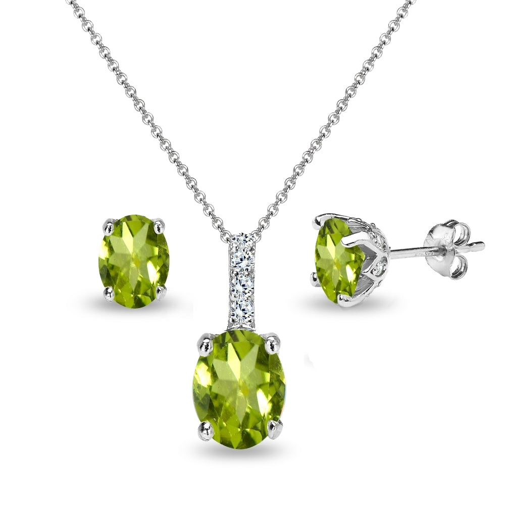 Sterling Silver Peridot and White Topaz Oval Crown Necklace & Stud Earrings Set