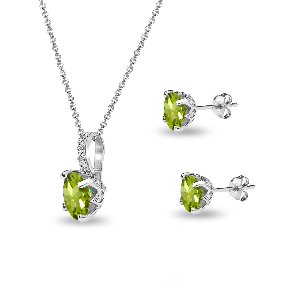 Sterling Silver Peridot and White Topaz Oval Crown Necklace & Stud Earrings Set-2