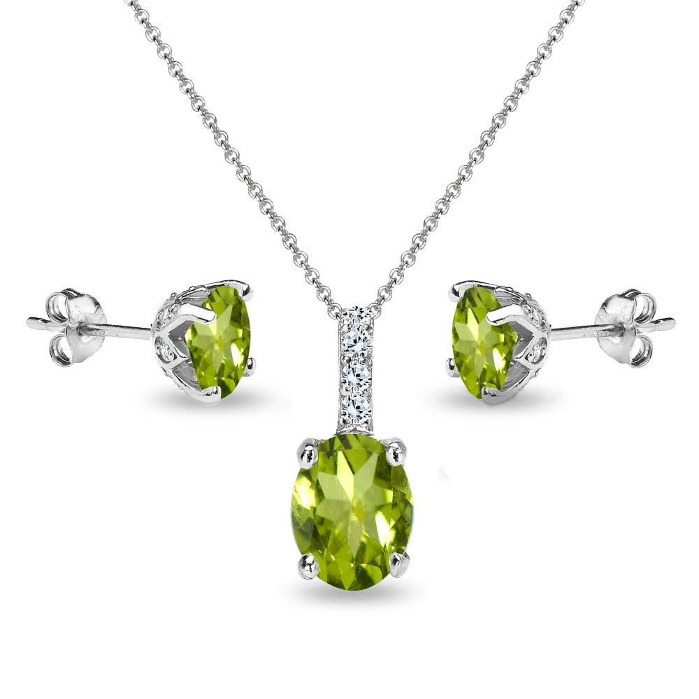 Sterling Silver Peridot and White Topaz Oval Crown Necklace & Stud Earrings Set-3