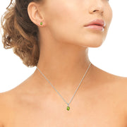 Sterling Silver Peridot and White Topaz Oval Crown Necklace & Stud Earrings Set