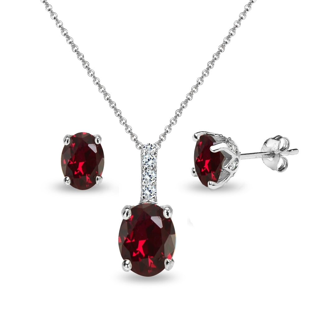 Sterling Silver Created Ruby and White Topaz Oval Crown Necklace & Stud Earrings Set