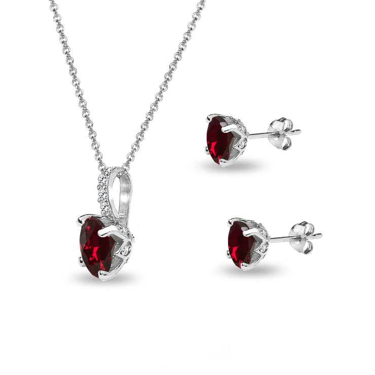 Sterling Silver Created Ruby and White Topaz Oval Crown Necklace & Stud Earrings Set