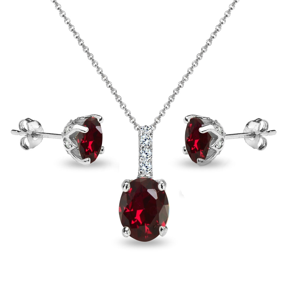 Sterling Silver Created Ruby and White Topaz Oval Crown Necklace & Stud Earrings Set-3