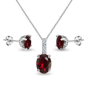 Sterling Silver Created Ruby and White Topaz Oval Crown Necklace & Stud Earrings Set