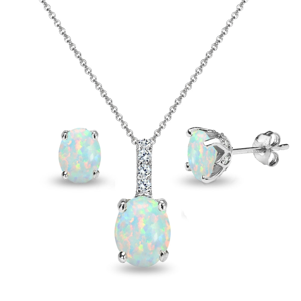 Sterling Silver Created White Opal and White Topaz Oval Crown Necklace & Stud Earrings Set