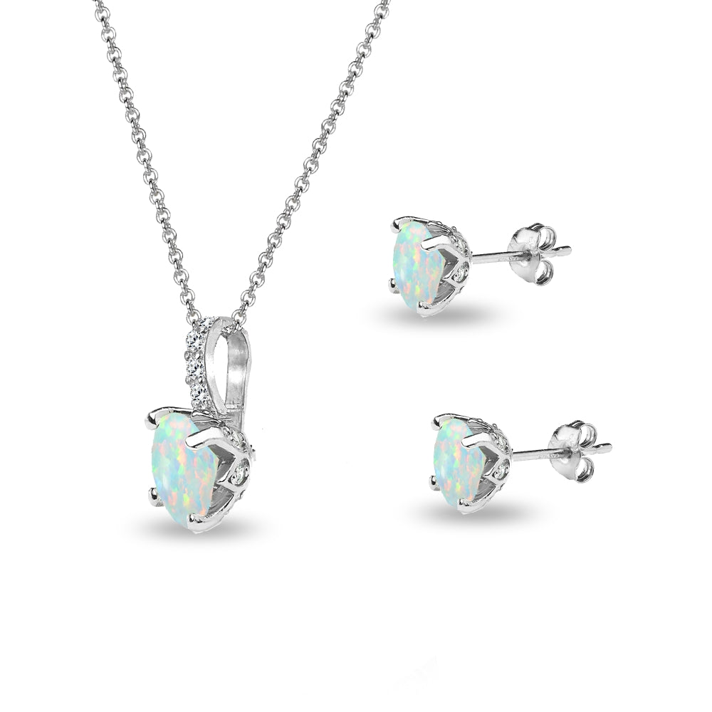 Sterling Silver Created White Opal and White Topaz Oval Crown Necklace & Stud Earrings Set-2