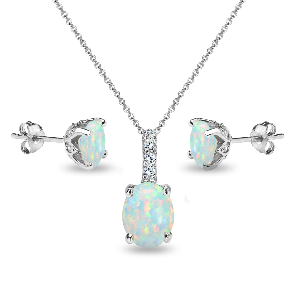 Sterling Silver Created White Opal and White Topaz Oval Crown Necklace & Stud Earrings Set-3