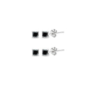 Sterling Silver Black Cubic Zirconia Set of 2 Princess-Cut Square 2mm Stud Earrings