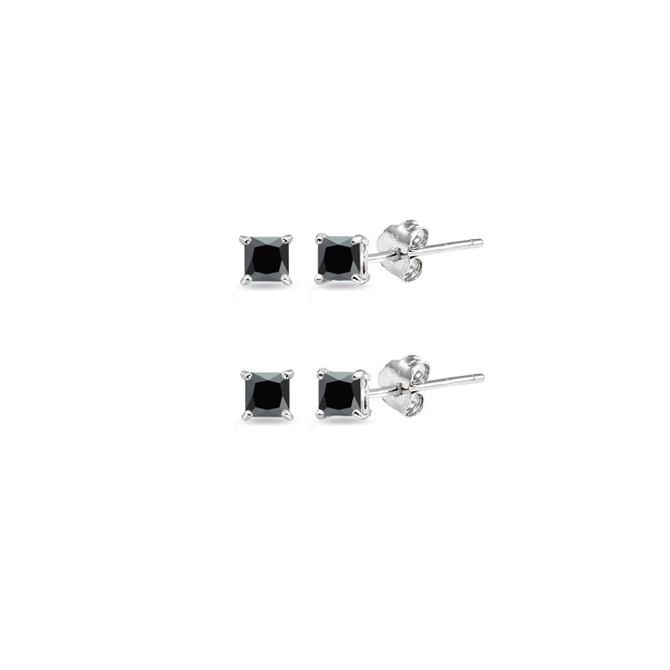 Sterling Silver Black Cubic Zirconia Set of 2 Princess-Cut Square 2mm Stud Earrings