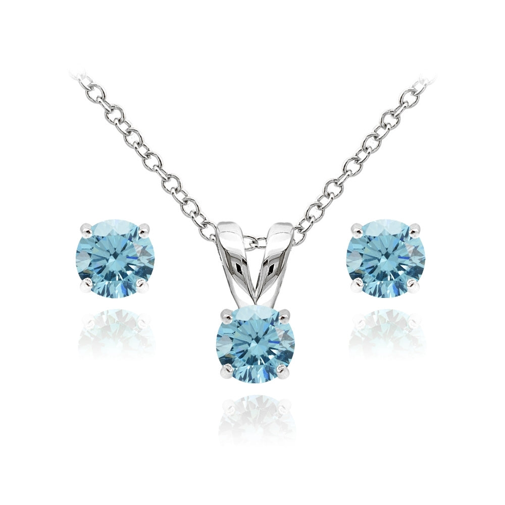Sterling Silver Solitaire Light Blue Necklace and Stud Earrings Set created with Swarovski Crystals