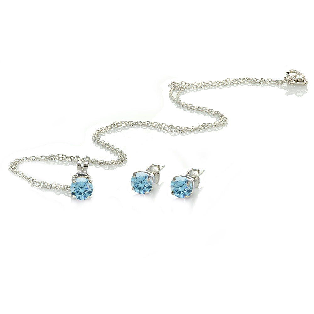 Sterling Silver Solitaire Light Blue Necklace and Stud Earrings Set created with Swarovski Crystals-3