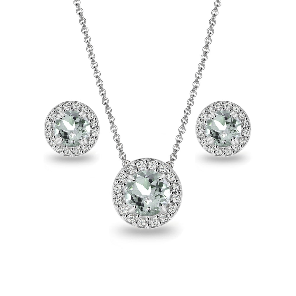 Sterling Silver Aquamarine and White Topaz Round Halo Necklace and Stud Earrings Set