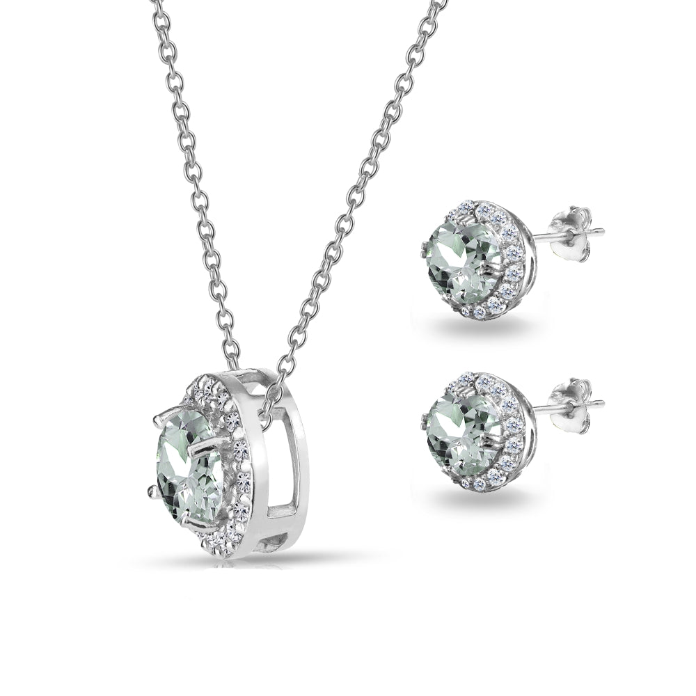 Sterling Silver Aquamarine and White Topaz Round Halo Necklace and Stud Earrings Set-3