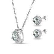 Sterling Silver Aquamarine and White Topaz Round Halo Necklace and Stud Earrings Set