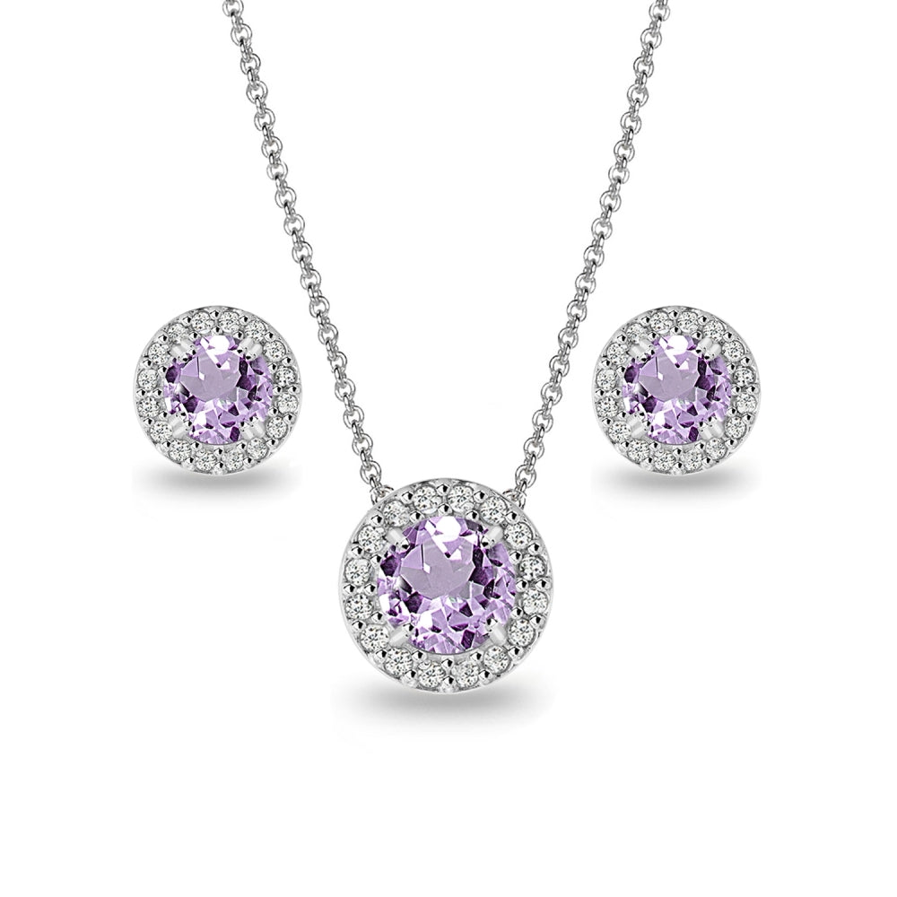 Sterling Silver Amethyst and White Topaz Round Halo Necklace and Stud Earrings Set