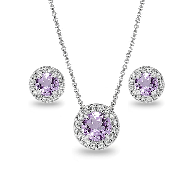 Sterling Silver Amethyst and White Topaz Round Halo Necklace and Stud Earrings Set