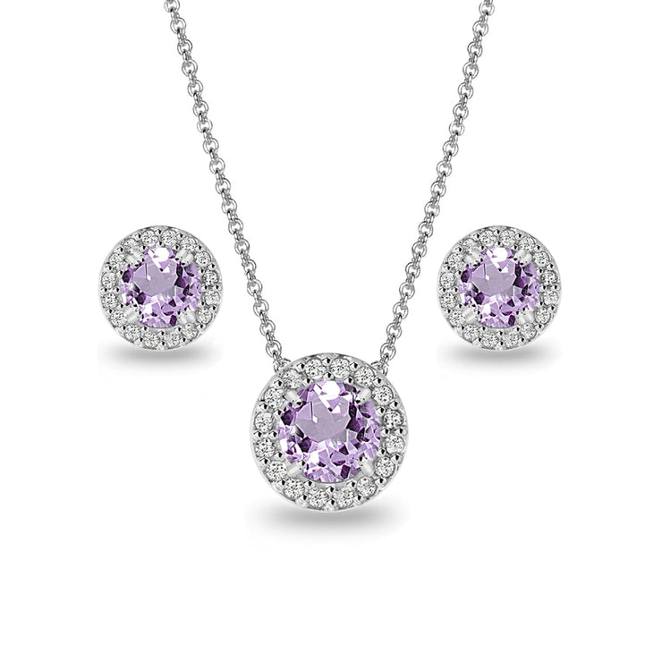 Sterling Silver Amethyst and White Topaz Round Halo Necklace and Stud Earrings Set