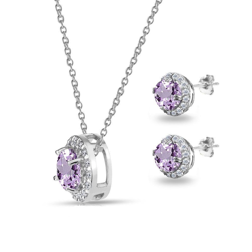Sterling Silver Amethyst and White Topaz Round Halo Necklace and Stud Earrings Set-2